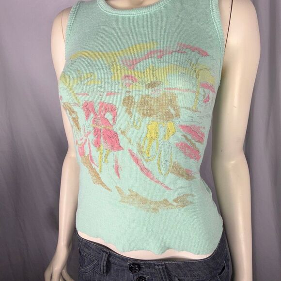Vintage 1960s Mint Green Novelty Knit Tank Top | Scenic Bicycle Print Sleeveless - Picture 4 of 14